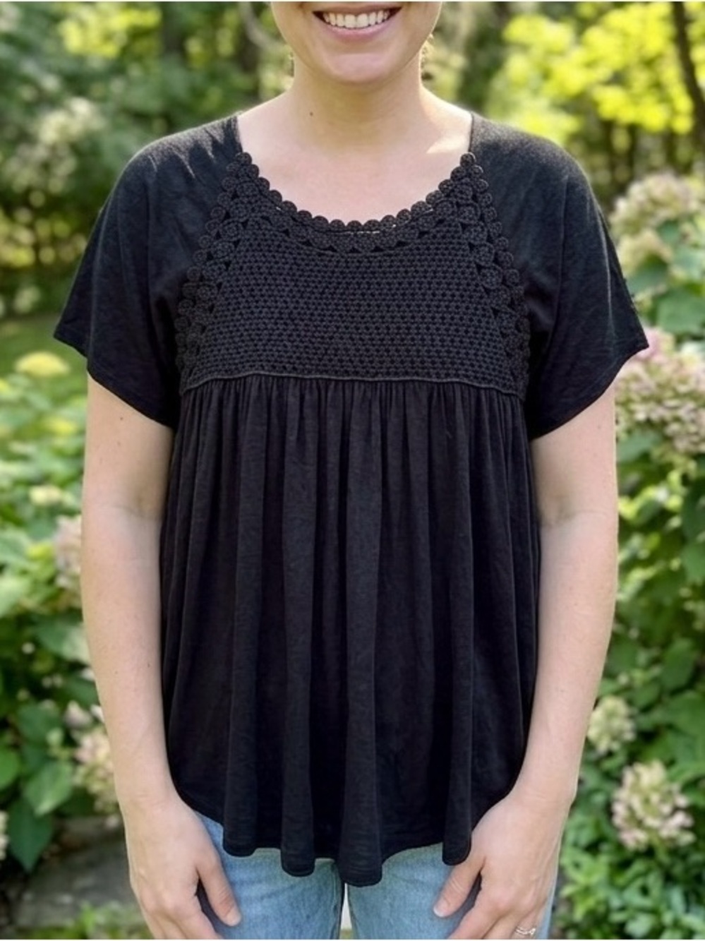 LOFT Black Crochet Yoke Short-Sleeve Top